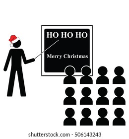 Comical Santa Claus training school on blackboard isolated on white background with copy space