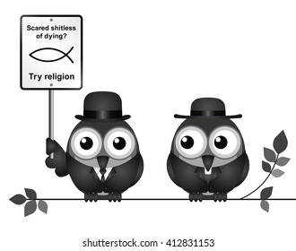 Comical scared of life try religion sign with bird atheist and bird vicar perched on a branch isolated on white background