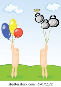 The Comical scene. One person hold a balls, other dumb-bells. The Humor. The Optimism. The Positive.