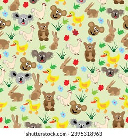 Comical seamless pattern with wild and domestic animals; many funny animal cartoons seamless to print on textile and paper, plastic bags