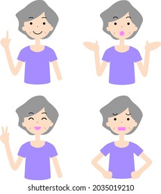 A comical senior woman with various facial expressions