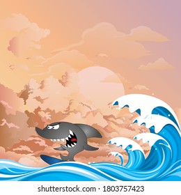 Comical shark surfer riding the waves set against a dawn or dusk pink sky