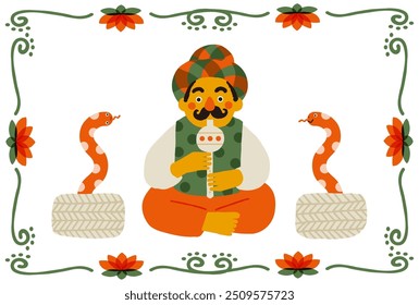 Comical Snake Charmer Illustration and lotus frame