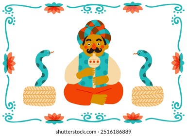 Comical Snake Charmer Illustration and lotus frame