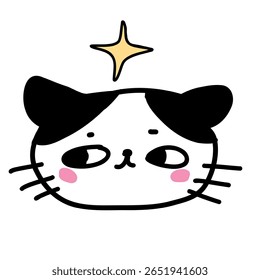 Adesivo cômico com um gato bonito com bochechas cor-de-rosa cercado por estrelas. Design de vetor engraçado com charme bonito, perfeito para cartões de saudação ou impressões com tema de animais de estimação.
