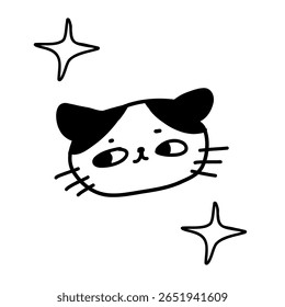 Adesivo cômico com um gato bonito cercado por estrelas. Design de vetor engraçado com charme bonito, perfeito para cartões de saudação ou impressões com tema de animais de estimação.