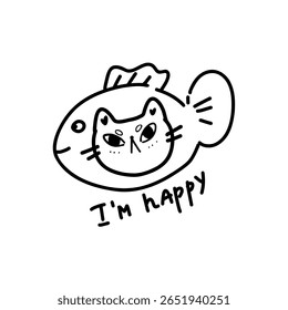 Adesivo cômico com um gato ranzinza vestindo um chapéu de peixe chique. Design vetorial engraçado combina sarcasmo e charme, perfeito para cartões de saudação humorísticos ou impressões com tema de animais de estimação.
