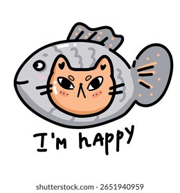 Adesivo cômico com um gato ranzinza vestindo um chapéu de peixe chique. Design vetorial engraçado combina sarcasmo e charme, perfeito para cartões de saudação humorísticos ou impressões com tema de animais de estimação.