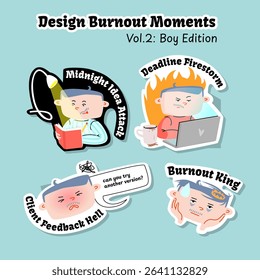 A comical sticker pack showing typical burnout moments in a designer’s life. Features four cartoon-style male characters. Ideal for digital use, social media, or editorial projects.