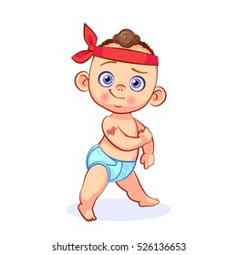 Comical Strong Baby Boy In Diaper, With A Red Bandage, With Tattoo 