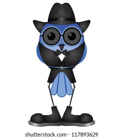 Comical suave sophisticated bird isolated on white background