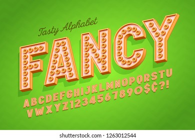 Comical tasty 3d display font design, alphabet, letters and numbers. Swatch color control.