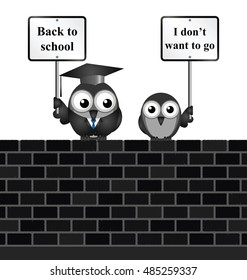 Comical teacher with back to school message and reluctant student