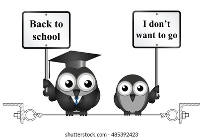 Comical teacher with back to school message and reluctant student