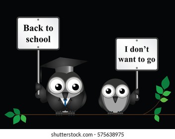 Comical teacher with back to school message and reluctant student 