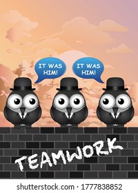 Comical teamwork with bird businessmen perched on a wall blaming a fellow Colleague set against a stunning dawn sky background