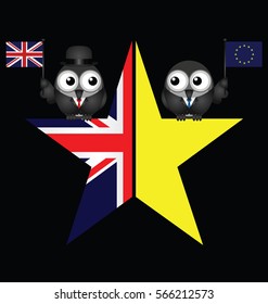 Comical UK and EU split star representing the United Kingdom exit from the European Union resulting from the June 2016 referendum isolated on black background