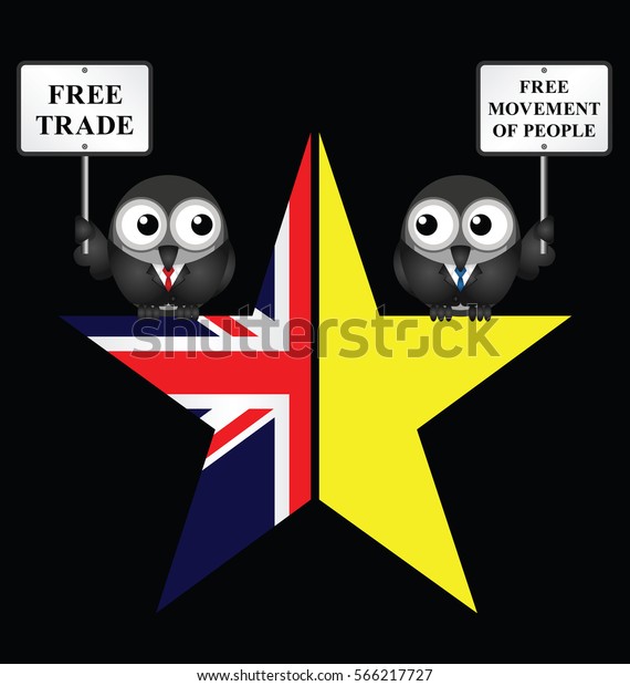 Comical UK and EU split star\
representing the United Kingdom exit from the European Union\
resulting from the June 2016 referendum isolated on black\
background