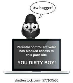 Comical unhappy bird adolescent blocked accessing internet website by parental control software 