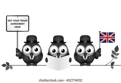 Comical United Kingdom government diplomatic trade delegation team advertising for new worldwide trade deals after exiting the European Union following the June 2016 referendum