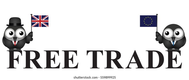 Comical United Kingdom government free trade agreement after exiting the European Union following the June 2016 referendum isolated on white background