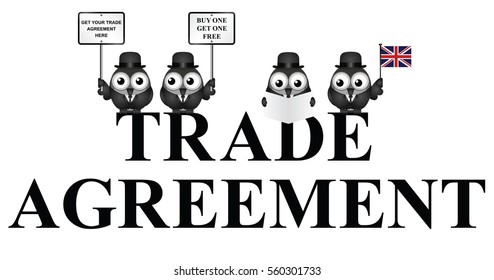 Comical United Kingdom Trade Agreement negotiation delegation following the June 2016 referendum isolated on white background