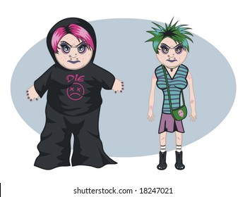 comical vector illustration of angry Emo kids
