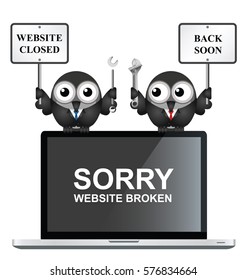 Comical website broken with back soon message and bird IT personnel perched on a laptop