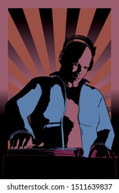 A  comic-book style vector illustration of a DJ working the turntables in front of a light flare background,  perfect for EDM festivals,  hip-hop events, techno raves,  posters,  fliers, and more. 