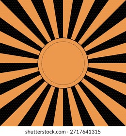 Um design inspirado nos quadrinhos apresenta um sunburst laranja e um padrão pontilhado preto