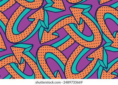 Comics 3d Arrow patter. hand drawn arrows doodle seamless pattern on purple background. Chaotic stripes ornament. vector cartoon background for wallpaper, wrapping, packing, and backdrop.