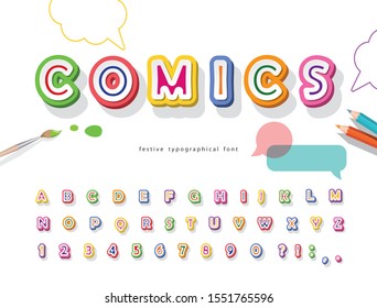 Comics 3d font. Cartoon paper cut out ABC letters and numbers. Colorful alphabet for kids. For school, education, comic design. Vector illustration