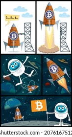 Comics about the bitcoin rocket going to the moon.