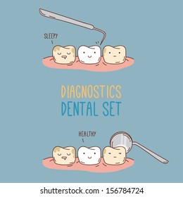 Comics about dental diagnostics and treatment. Vector illustration for children dentistry and orthodontics. Cute characters. Funny teeth.