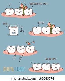 Comics about dental floss. Vector illustration for children dentistry and orthodontics. Cute teeth characters.