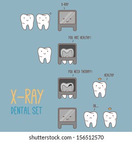 Comics about dental X-ray. Vector illustration for children dentistry and orthodontics. Cute characters. Cartoon tooth.