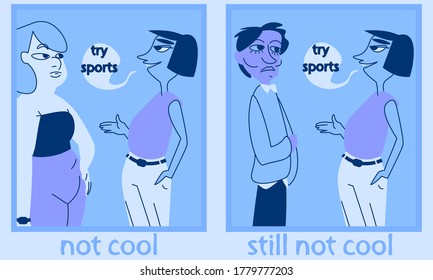Comics about fat shaming in unasked advice with gender neutral characters in modern minimalistic cartoon style, horizontally oriented. Response to fat shaming in Healthy At Every Size approach.