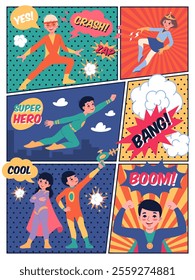 Comics about superhero kids. Flying children, splitting page into segments, speech bubbles with text, bright backgrounds, comic book, super boy and brave girl with superpower vector concept