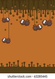 A comics. From above drops of unpleasant slime hang down. Spiders hang on a web. Halloween.