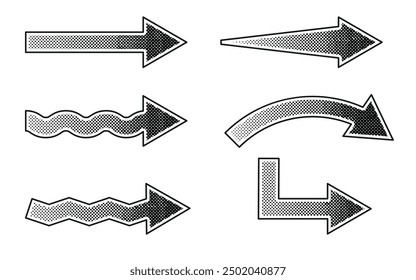 Comics arrow set elements with halftone effect. Black dots and pop art texture. Retro vector illustration