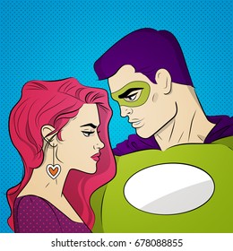 Comics art illustration. llustration of a cartoon girl and superhero. Vector comic illustration. Professional Illustration and Comics.  Story Art. Superhero says goodbye to girl.