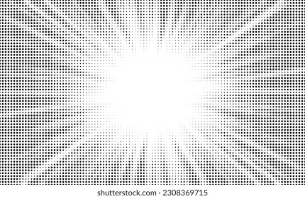 Comics background. Abstract dot lines. Shading sun rays. Design frames for title book. Texture explosive polka. Beam action. Pattern motion flash. Rectangle fast boom zoom. Vector illustration.