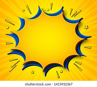 Comics background. Cartoon poster in pop art style with yellow-blue speech bubbles with halftone and sound effects. Funny colorful banner with place for text on yellow backdrop with radial stripes