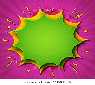 Comics background. Cartoon poster in pop art style with yellow-green speech bubbles with halftone and sound effects. Funny colorful banner with place for text on purple backdrop with radial stripes