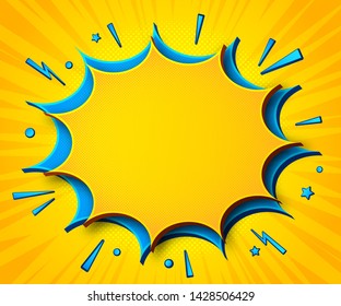 Comics background. Cartoon poster in pop art style with yellow-blue speech bubbles with halftone and sound effects. Funny colorful banner with place for text on yellow backdrop with radial stripes