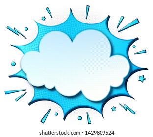 Comics background. Cartoon poster in pop art style with blue speech bubbles with halftone and sound effects. Funny colorful banner with place for text on white backdrop