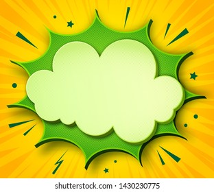 Comics background. Cartoon poster in pop art style with yellow-green speech bubbles with halftone and sound effects. Funny colorful banner with place for text on yellow backdrop with radial stripes