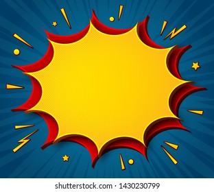 Comics background. Cartoon poster in pop art style with yellow-red speech bubbles with halftone and sound effects. Funny colorful banner with place for text on blue backdrop with radial stripes