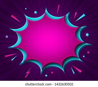 Comics background. Cartoon poster in pop art style with purple -blue speech bubbles with halftone and sound effects. Funny colorful banner with place for text on violet backdrop with radial stripes