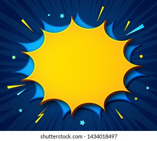 Comics background. Cartoon poster in pop art style with yellow-blue speech bubbles with halftone and sound effects. Funny colorful banner with place for text on dark backdrop with radial stripes